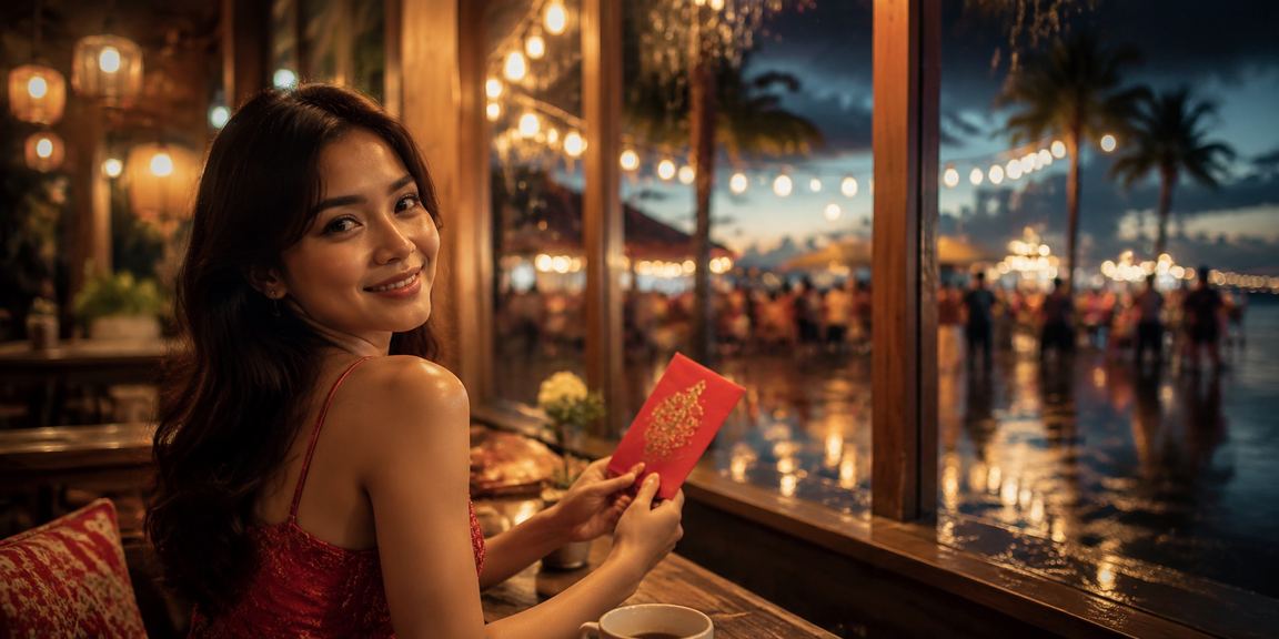 Seseorang merayakan kemenangan sambil memegang amplop merah bonus di suasana kafe yang ramai