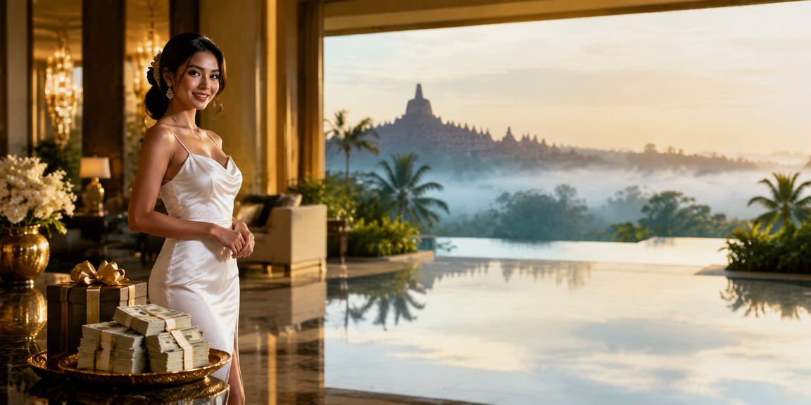Model berpose elegan sambil memegang ponsel dengan tampilan bonus VIP eksklusif platform hiburan