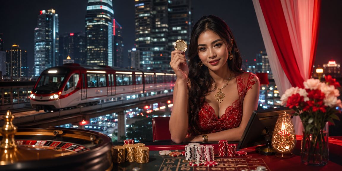 Suasana festival casino yang meriah dengan pencahayaan neon berwarna-warni di malam hari