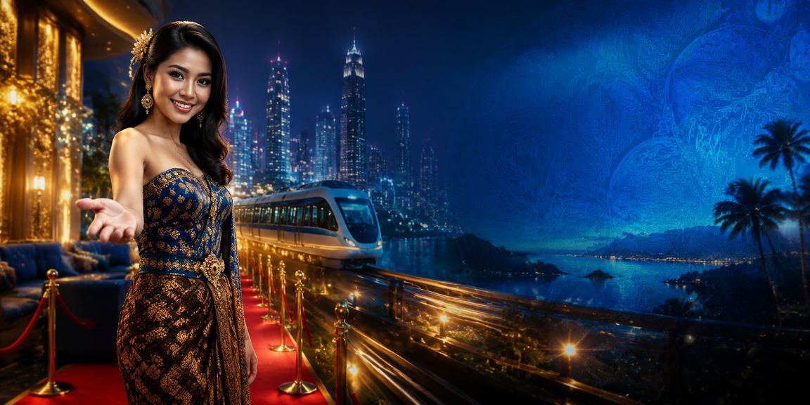 Model berpose percaya diri di depan tampilan antarmuka casino yang elegan dan penuh warna