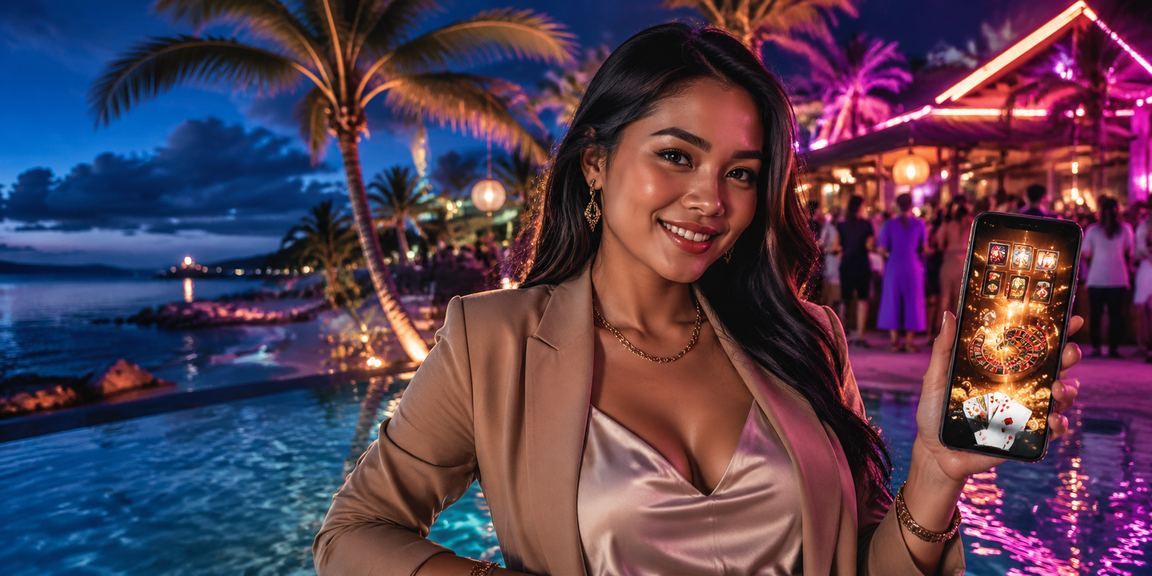 Pemain menikmati casino online pisang77 di pantai menggunakan ponsel pintar