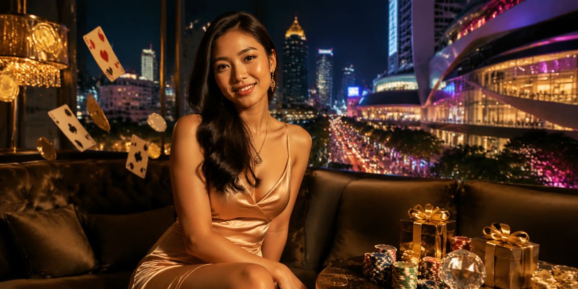 Permainan kartu casino dengan pencahayaan neon dramatis di meja hijau yang elegan